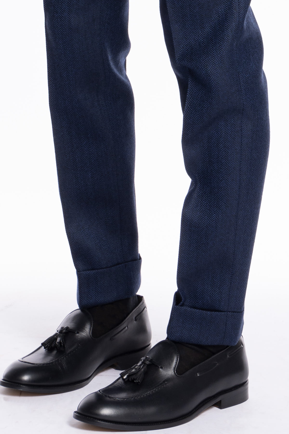 Pantalone uomo blu spigato chiusura prolungata doppia pinces in lana flanella al 100% Bristol Tessuti Napoli