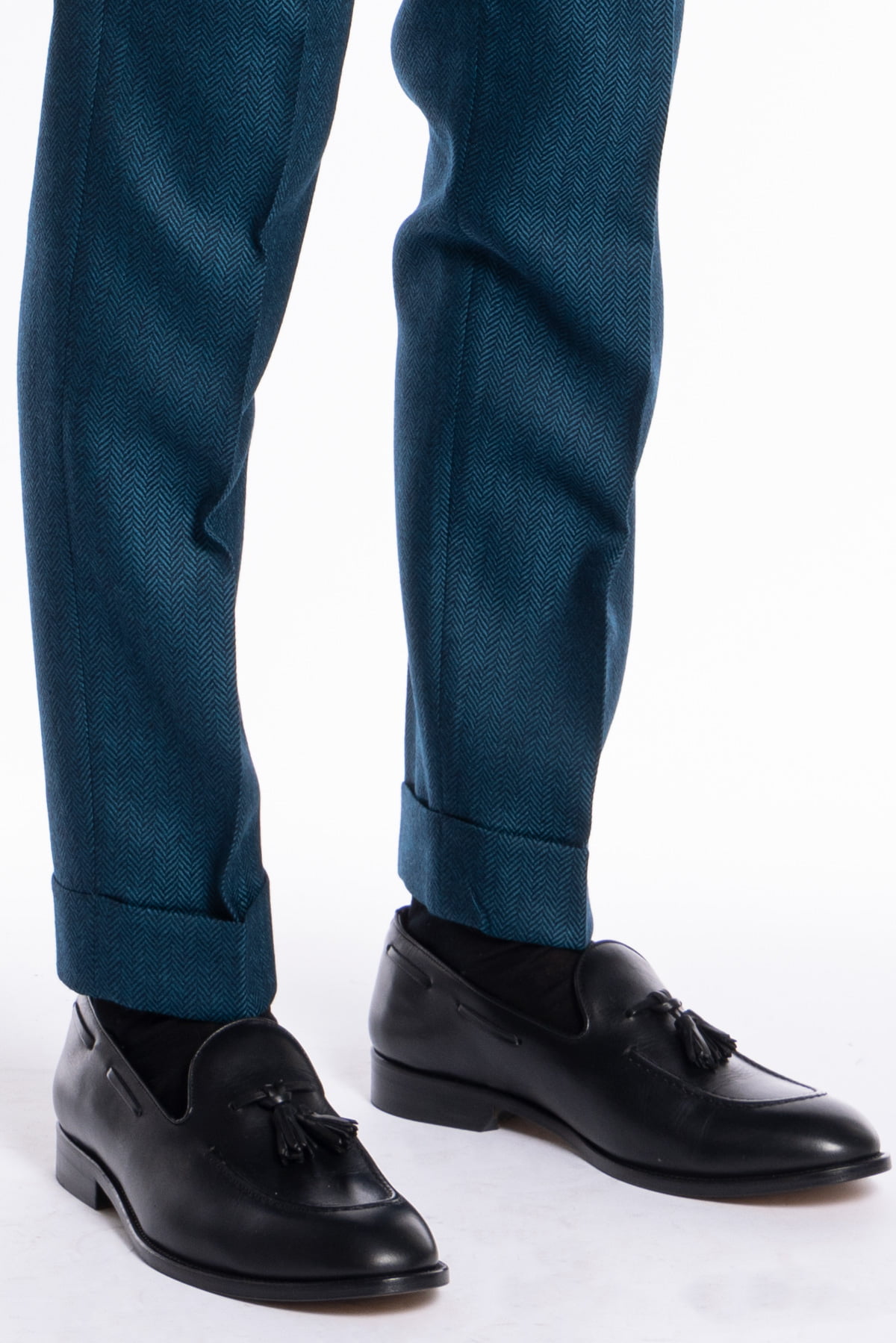 Pantalone uomo verde ottanio spigato chiusura prolungata doppia pinces in lana flanella al 100% Bristol Tessuti Napoli