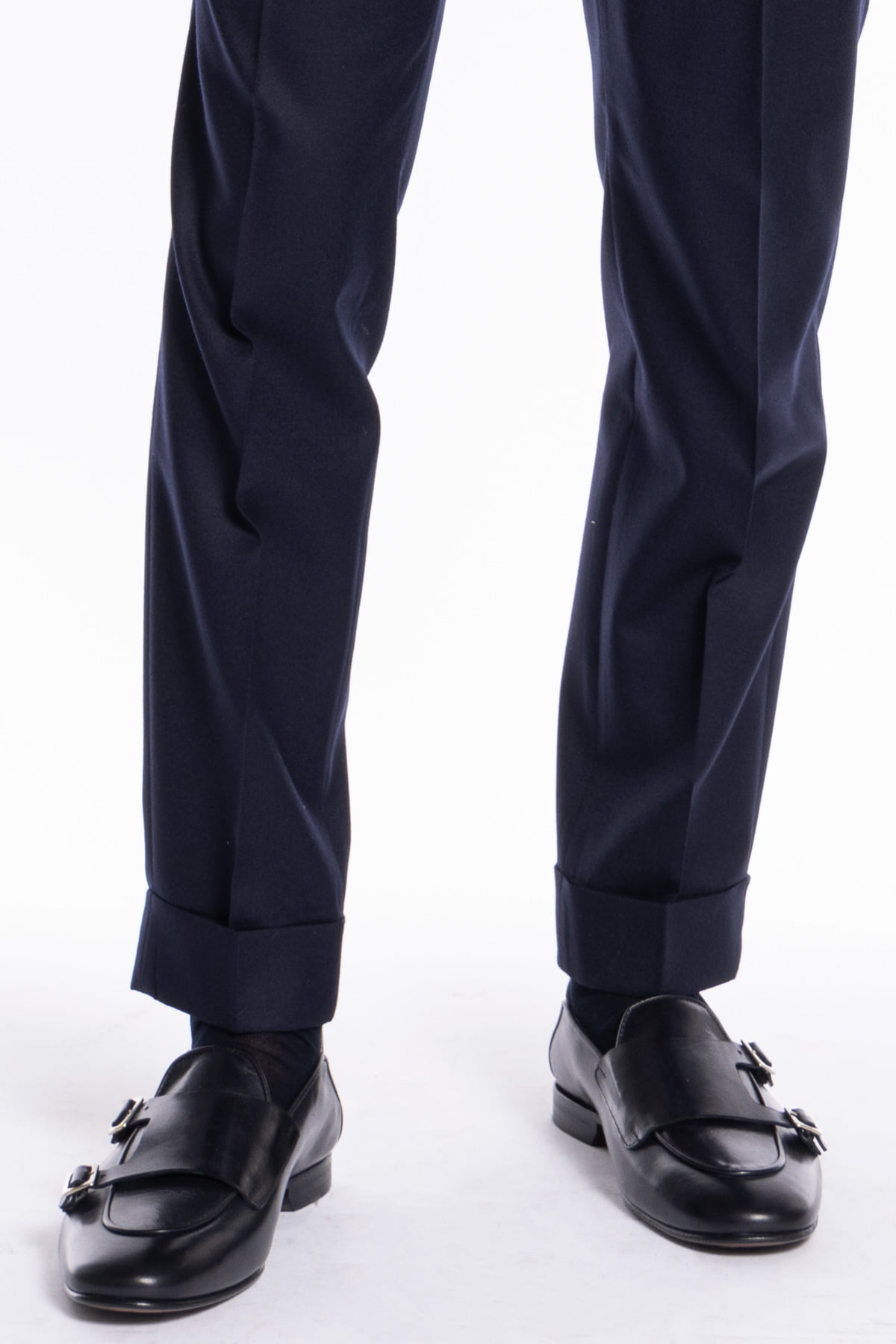 Pantalone uomo Navy blu chiusura prolungata doppia pinces in lana flanella al 100% Vitale Barberis Canonico