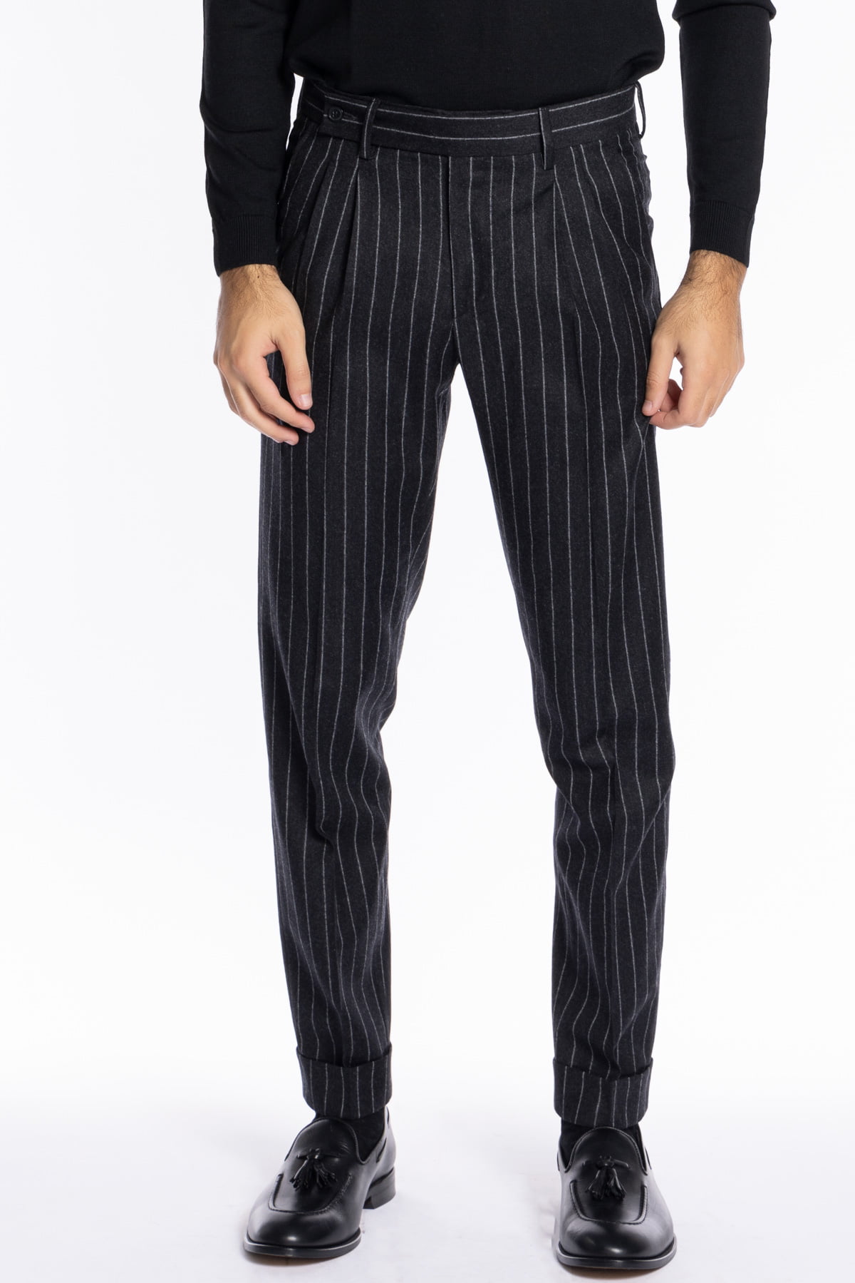 Pantalone uomo nero gessato in lana e cashmere chiusura prolungata doppia pinces Bristol Tessuti Napoli