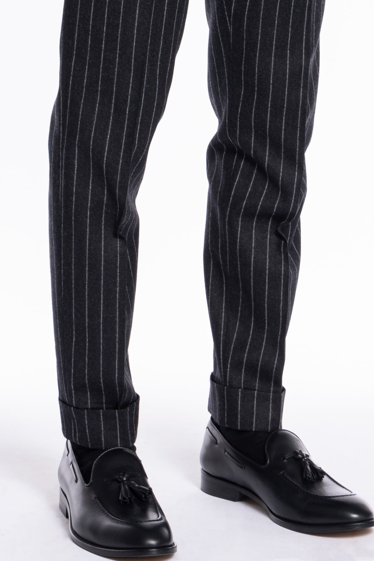 Pantalone uomo nero gessato in lana e cashmere chiusura prolungata doppia pinces Bristol Tessuti Napoli