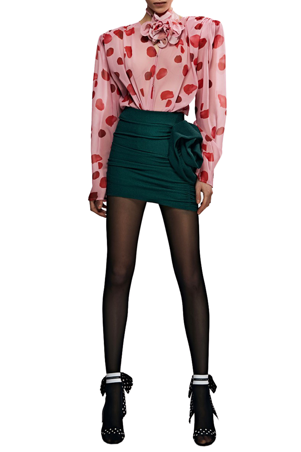 Camicia donna lunga in chiffon fantasia petali rosa rossa dettaglio al collo rosa grande Carillo Moda Abbigliamento uomo e donna scarpe e accessori