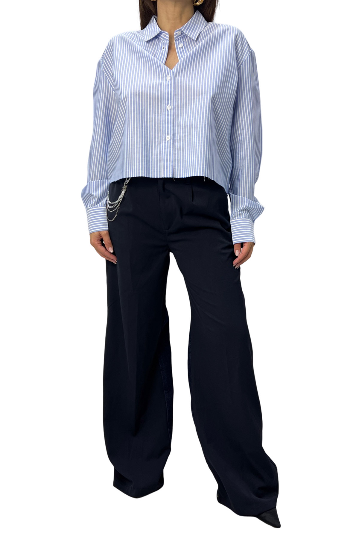 Pantalone donna in doppio tessuto cotone e denim vita alta gamba ampia
passacinta edettaglio keychain