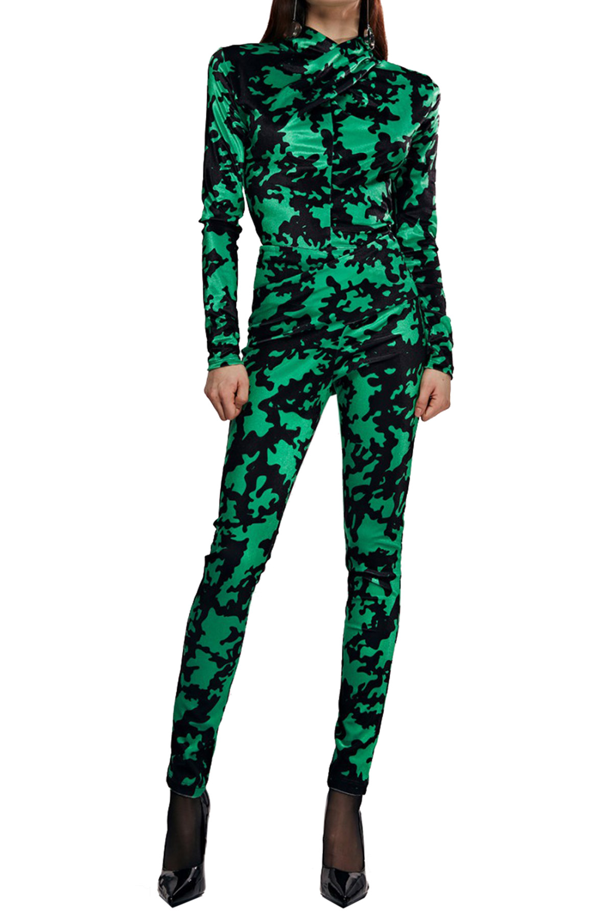 Pantalone donna leggings in ciniglia vita alta in fantasia camouflage tessuto elastico