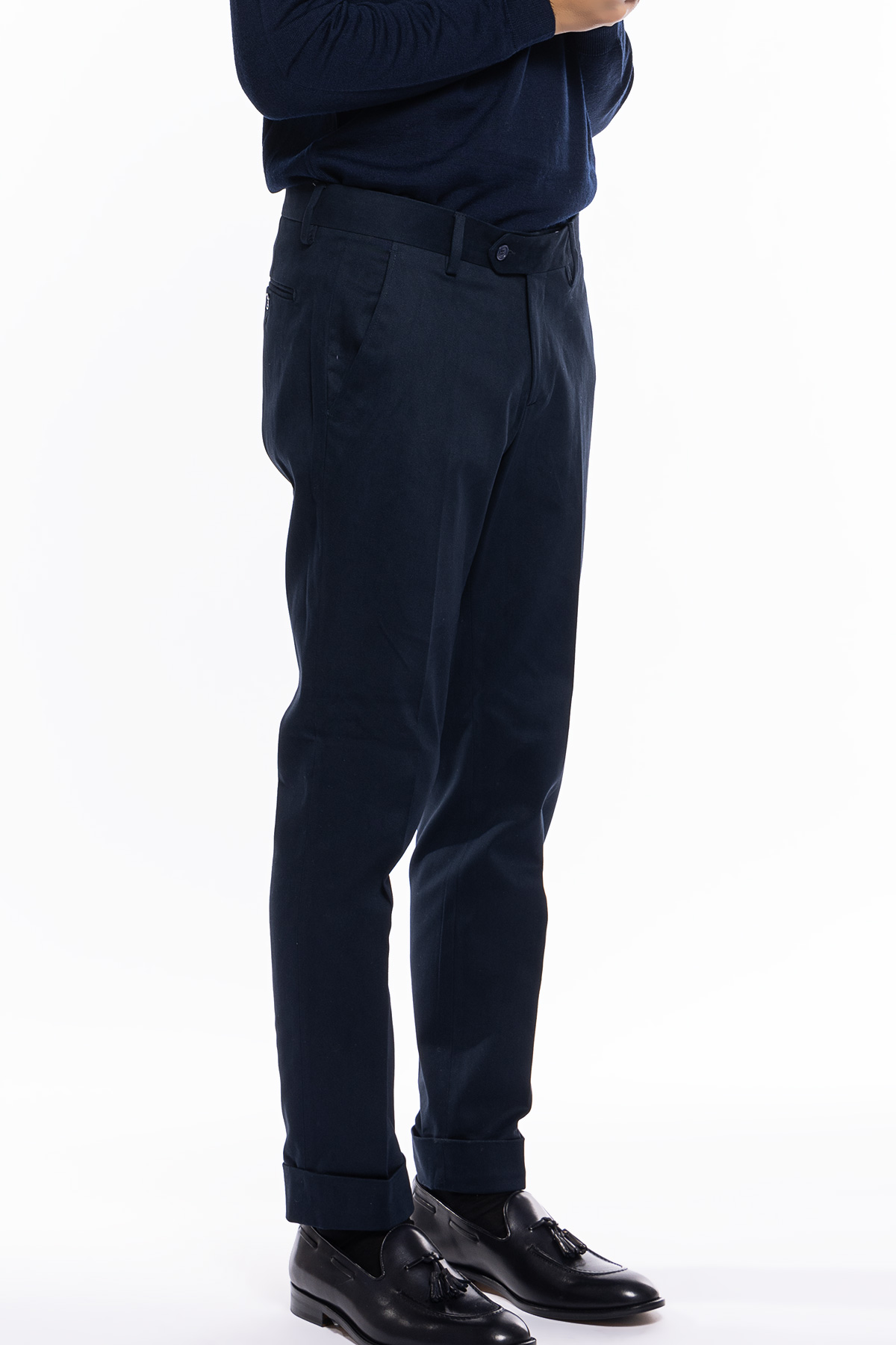 Pantalone uomo navy blu tasca america in cotone slim fit con risvolto di 5cm