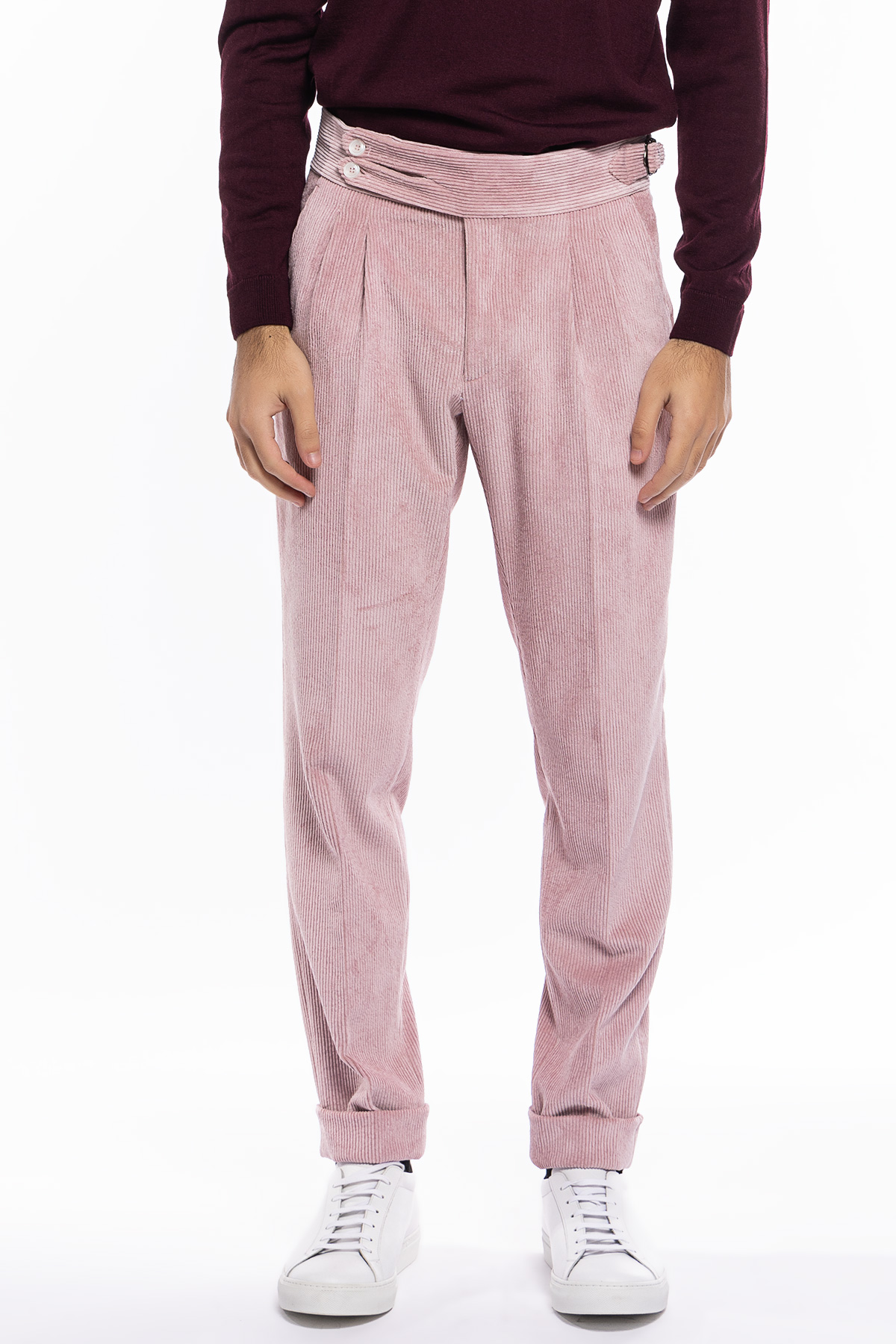 Pantalone uomo rosa vita alta biforcato doppia pinces in velluto a costine strette