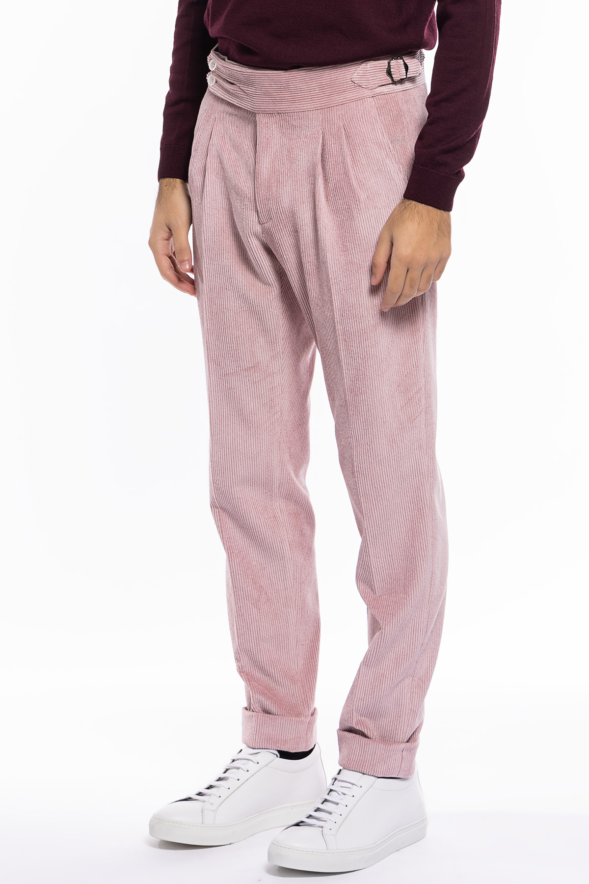 Pantalone uomo rosa vita alta biforcato doppia pinces in velluto a costine strette