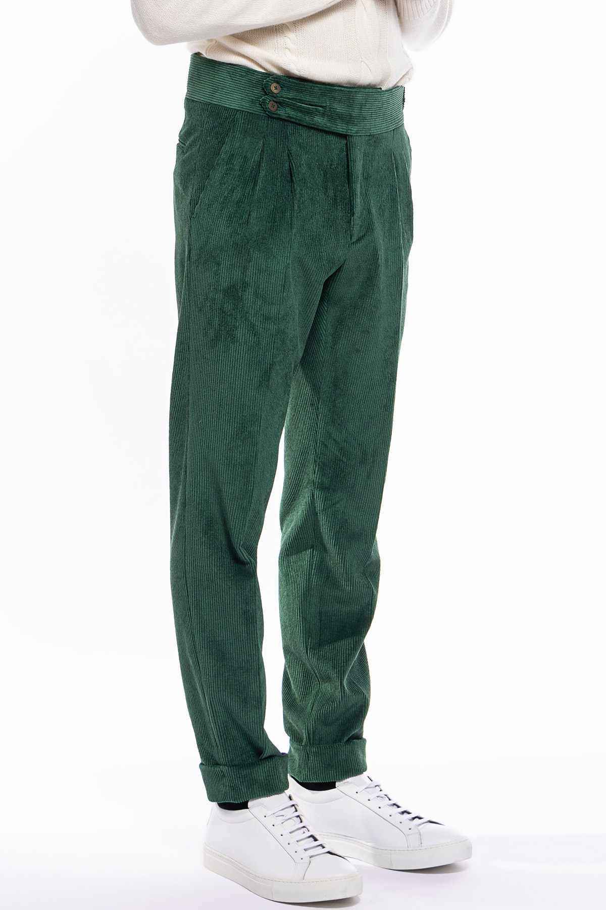 Pantalone uomo verde Bottiglia vita alta biforcato doppia pinces in velluto a costine strette