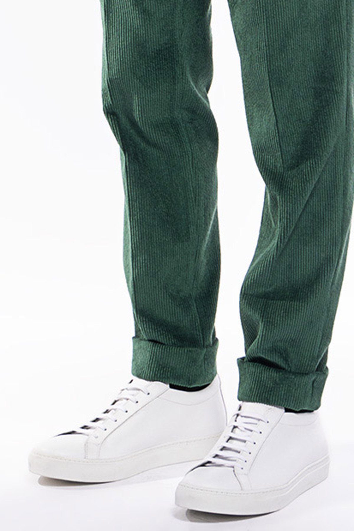 Pantalone uomo verde Bottiglia vita alta biforcato doppia pinces in velluto a costine strette
