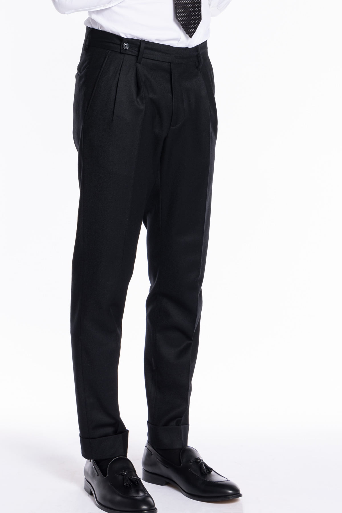 Pantalone uomo nero in lana e cashmere chiusura prolungata doppia pinces Bristol Tessuti Napoli