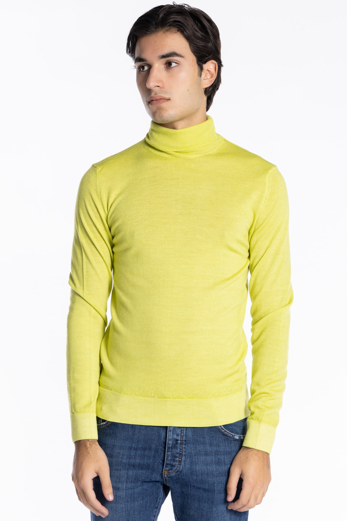 Maglione da uomo collo alto giallo lime lana merinos effetto stone wash maniche lunghe
