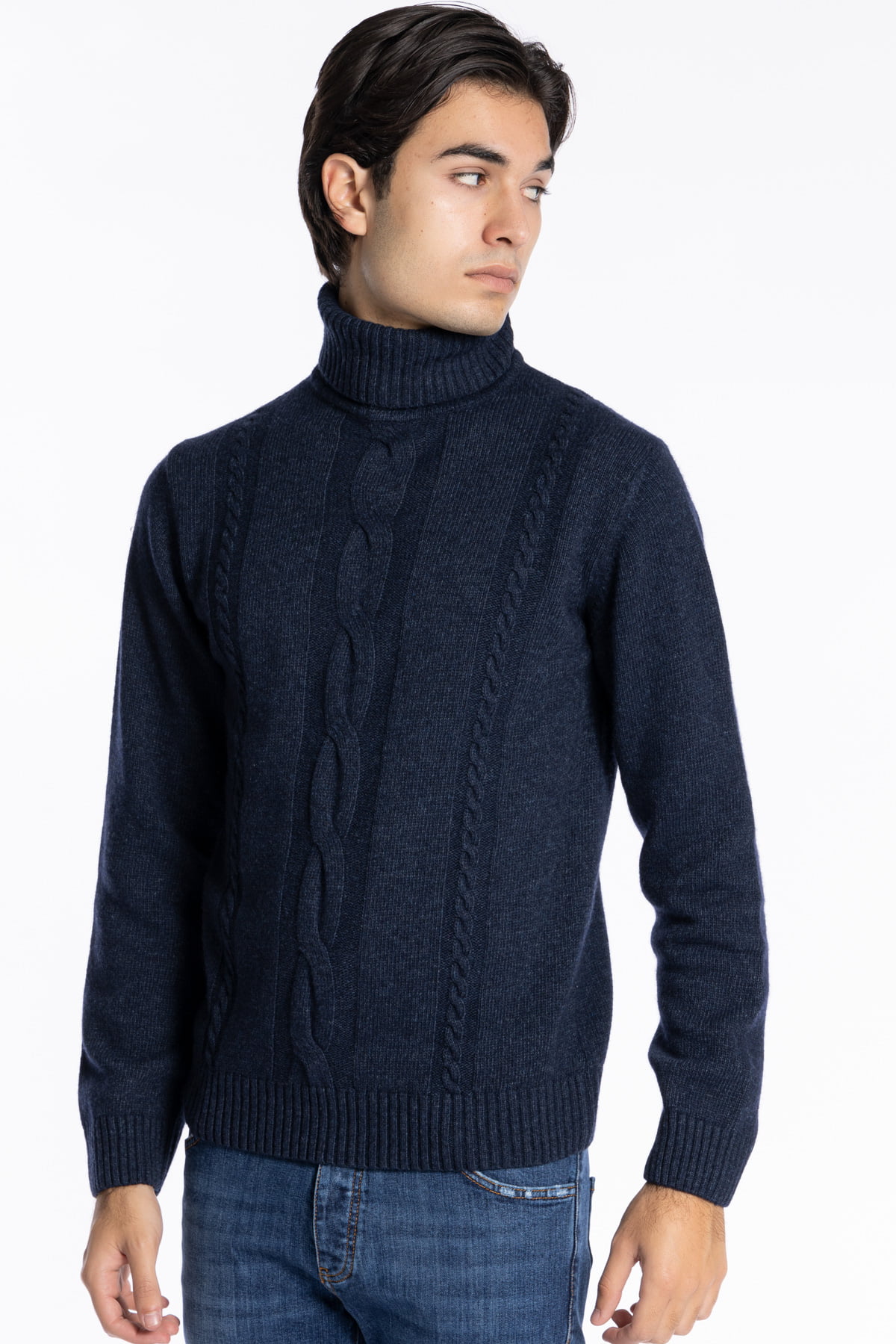 Maglione da uomo collo alto Blu in lana e Cashmere con trama treccia interna maniche lunghe