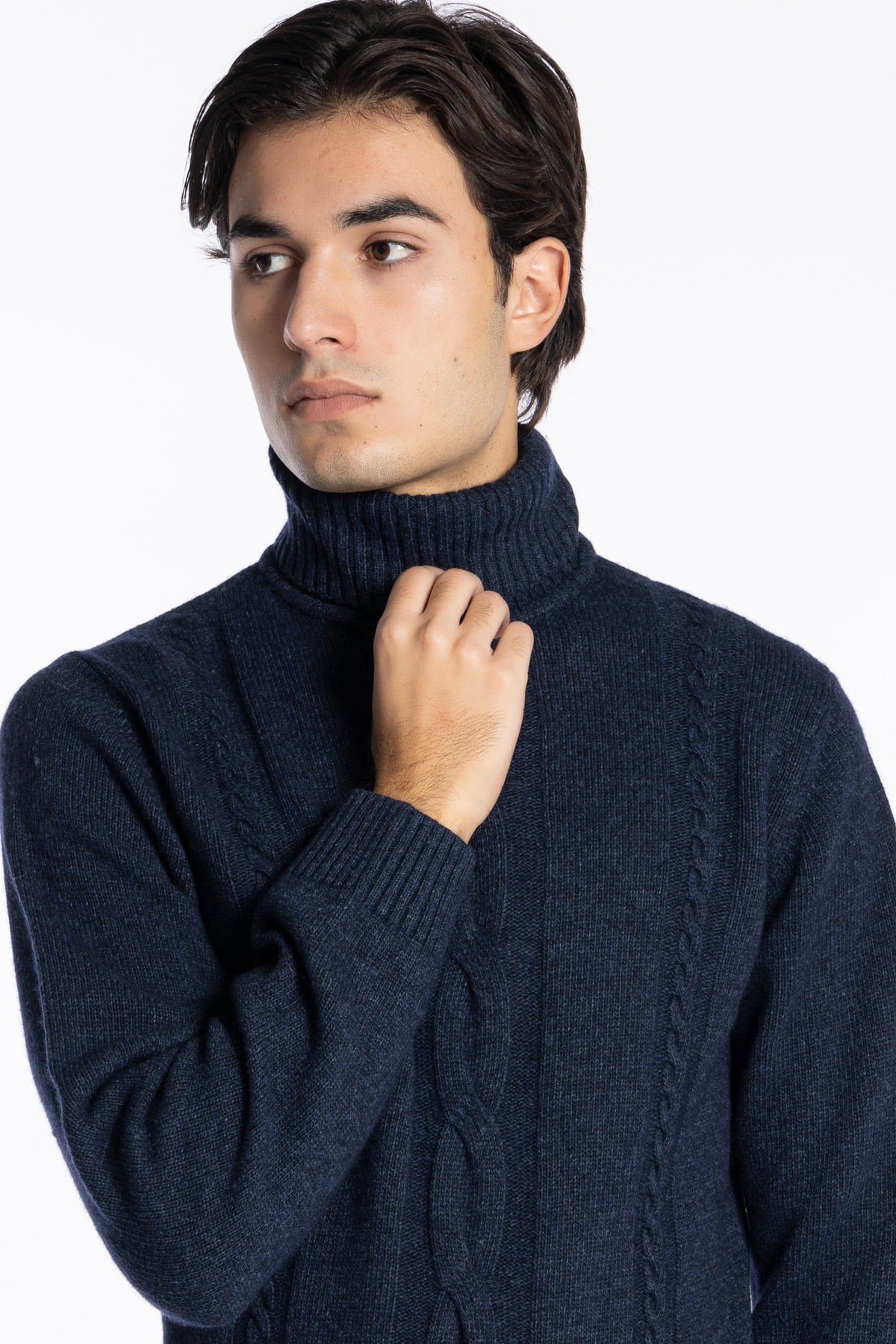 Maglione da uomo collo alto Blu in lana e Cashmere con trama treccia interna maniche lunghe