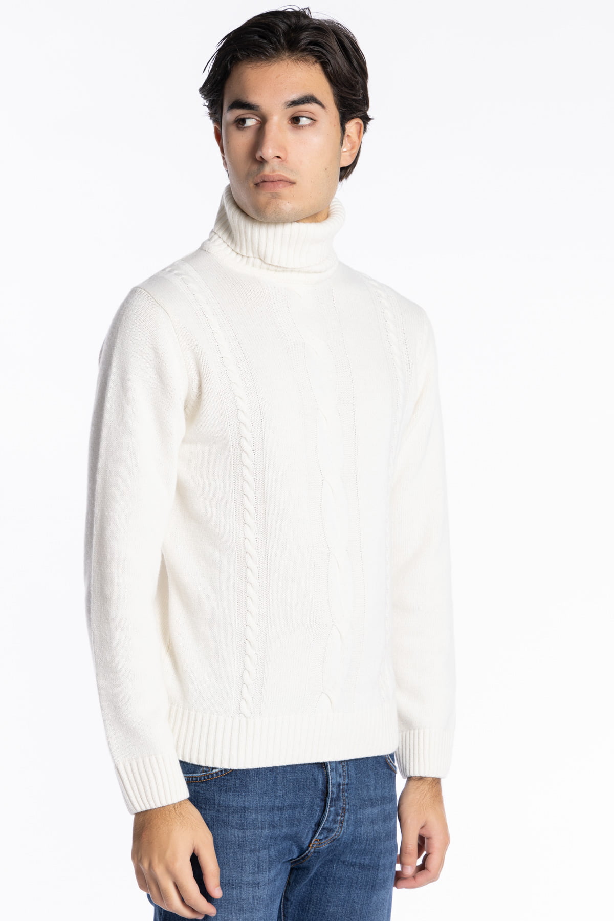 Maglione da uomo collo alto bianco in lana e Cashmere con trama treccia interna maniche lunghe