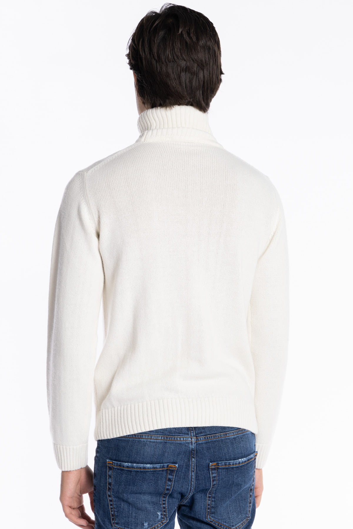 Maglione da uomo collo alto bianco in lana e Cashmere con trama treccia interna maniche lunghe