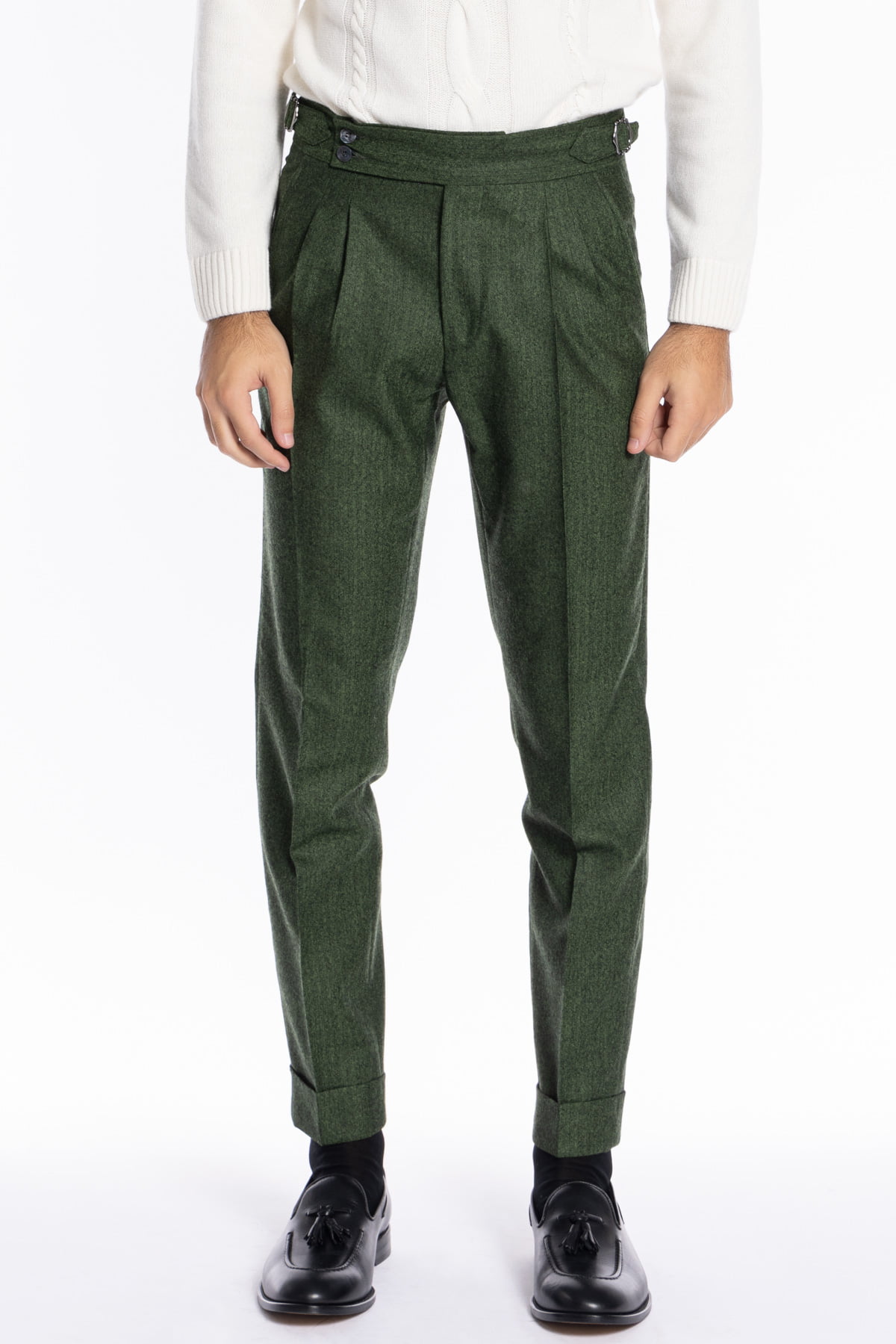Pantalone uomo verde spigato vita alta tasca america in lana flanella Holland & Sherry con doppia pinces e fibbie laterali regolabili