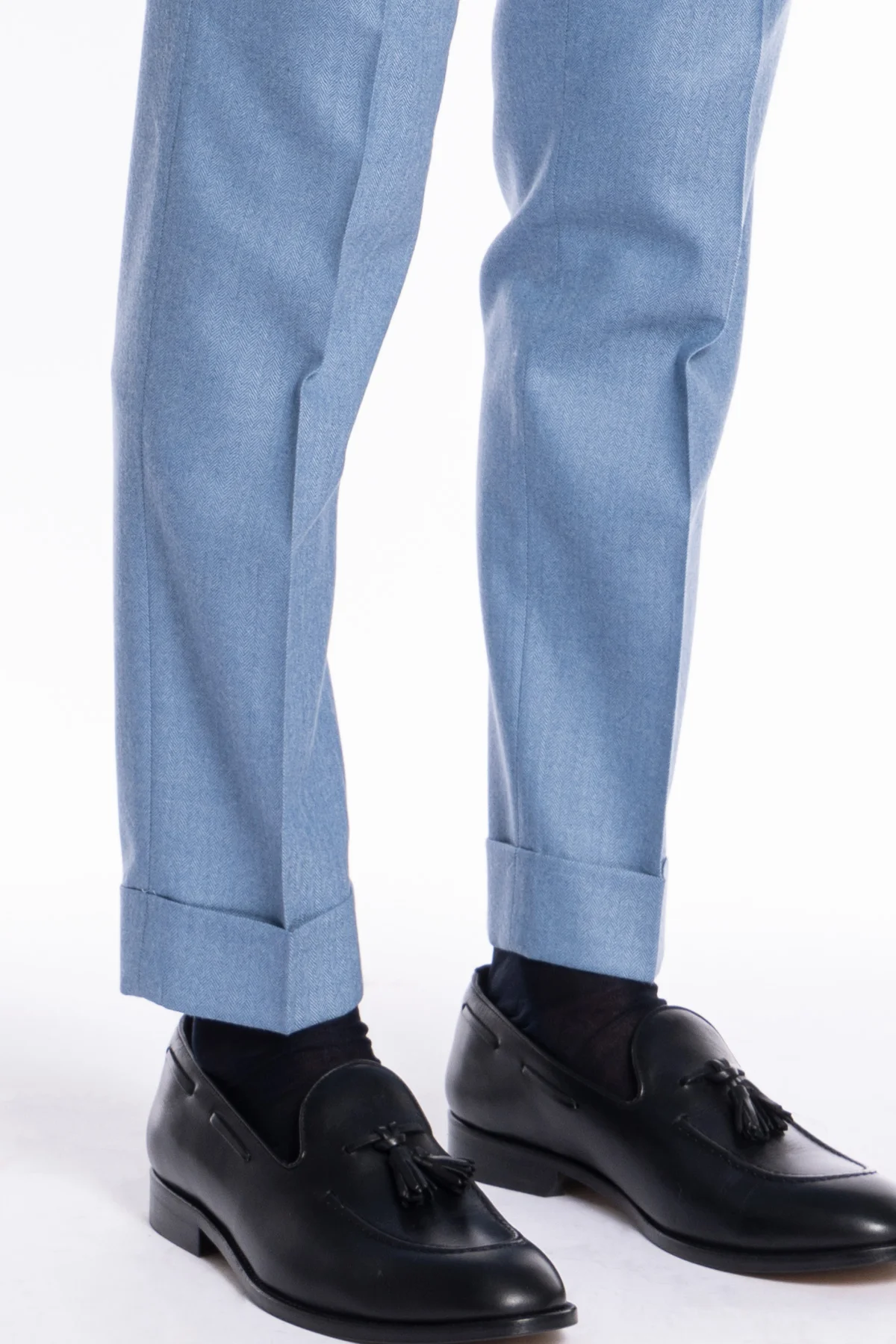 Pantalone uomo celeste spigato vita alta tasca america in lana flanella Holland & Sherry con doppia pinces e fibbie laterali regolabili