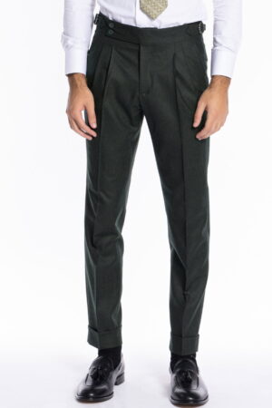 Pantalone uomo verde militare vita alta tasca america in lana flanella Vitale Barberis Canonico con doppia pinces e fibbie laterali regolabili