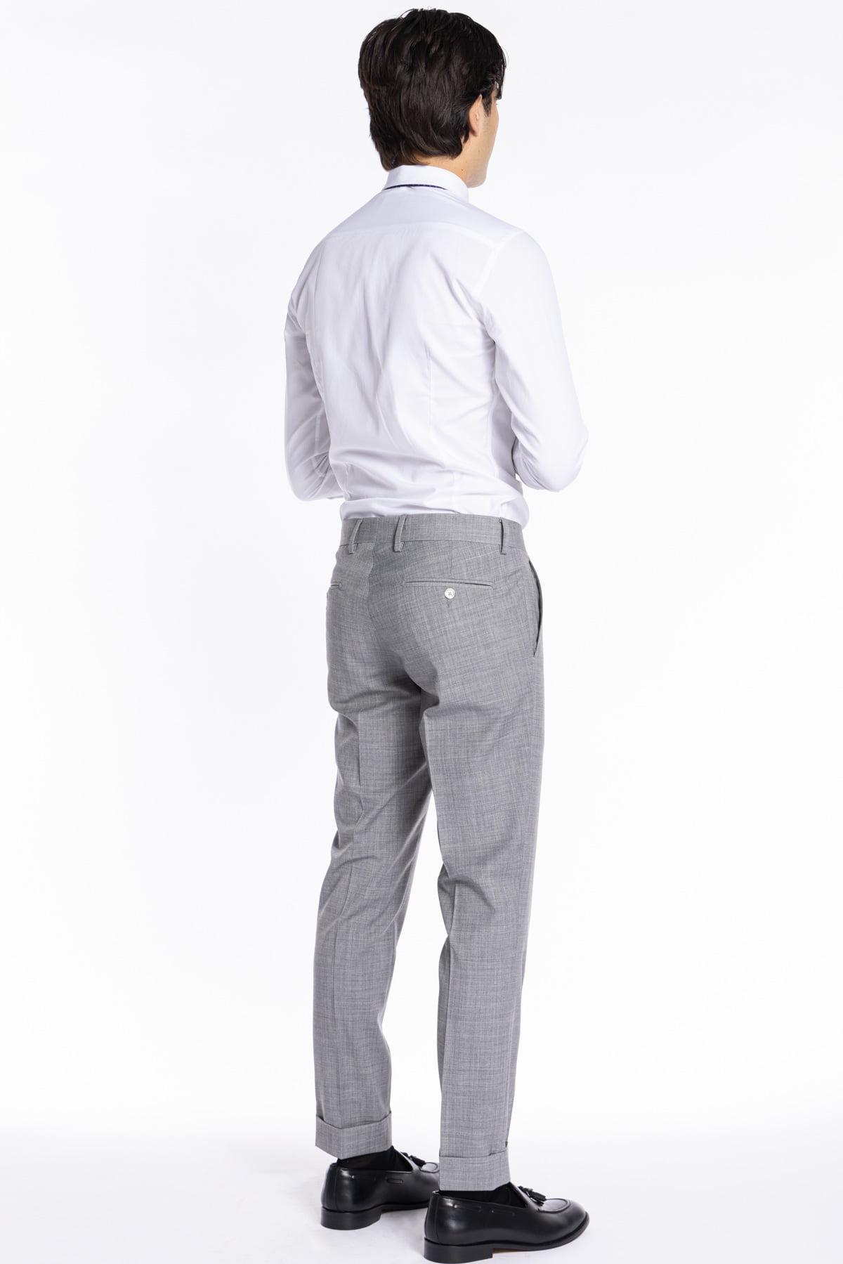 Pantalone uomo grigio chiaro in fresco lana misto slim fit con risvolto di 5cm