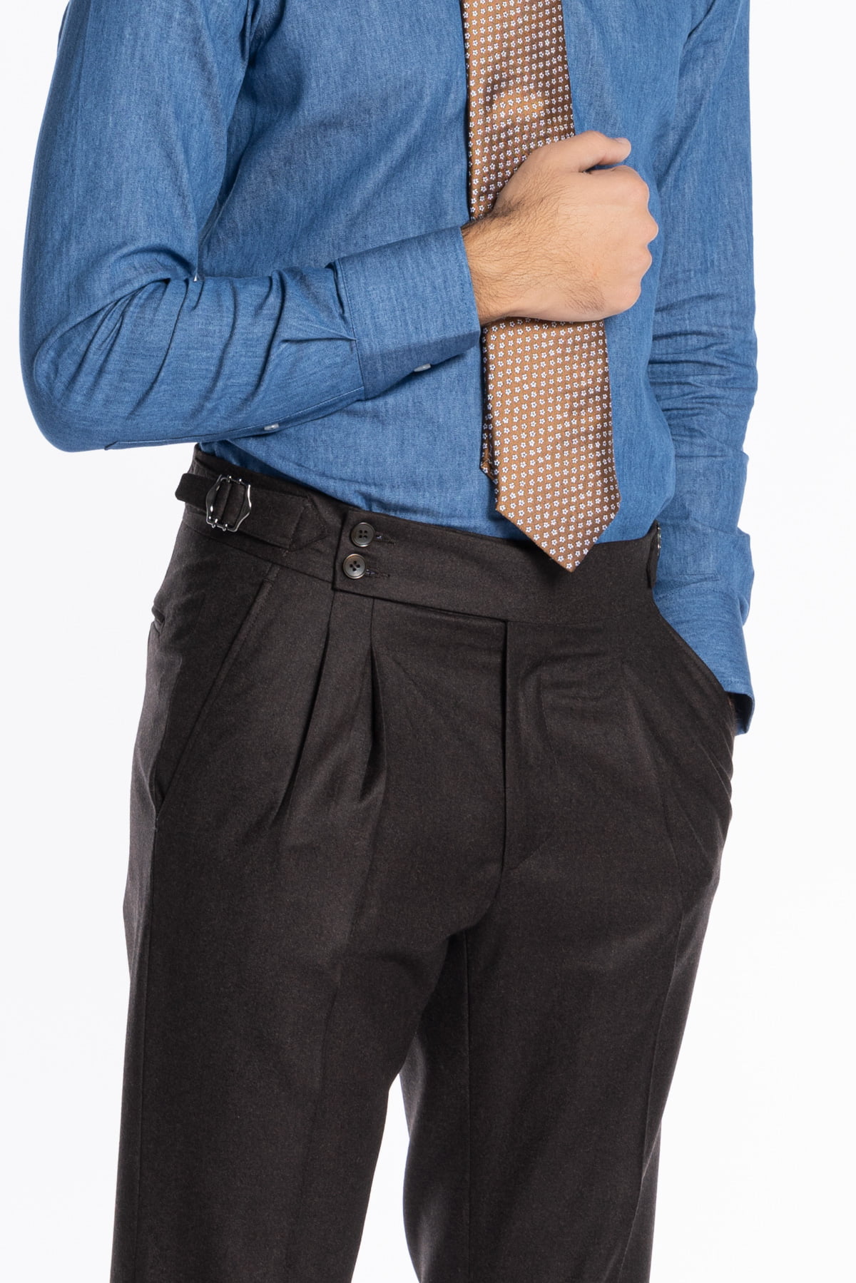 Pantalone uomo marrone vita alta tasca america in lana flanella con pinces e fibbie laterali Vitale Barberis Canonico