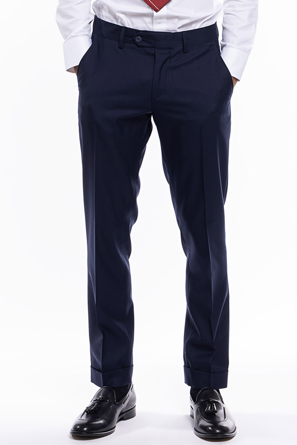 Pantalone uomo navy blu tasca america in fresco lana super 140's holland e sherry slim fit con risvolto di 5cm