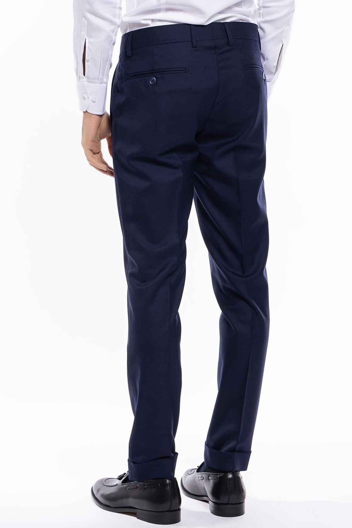 Pantalone uomo blu tasca america in fresco lana super 140's holland e sherry slim fit con risvolto di 5cm