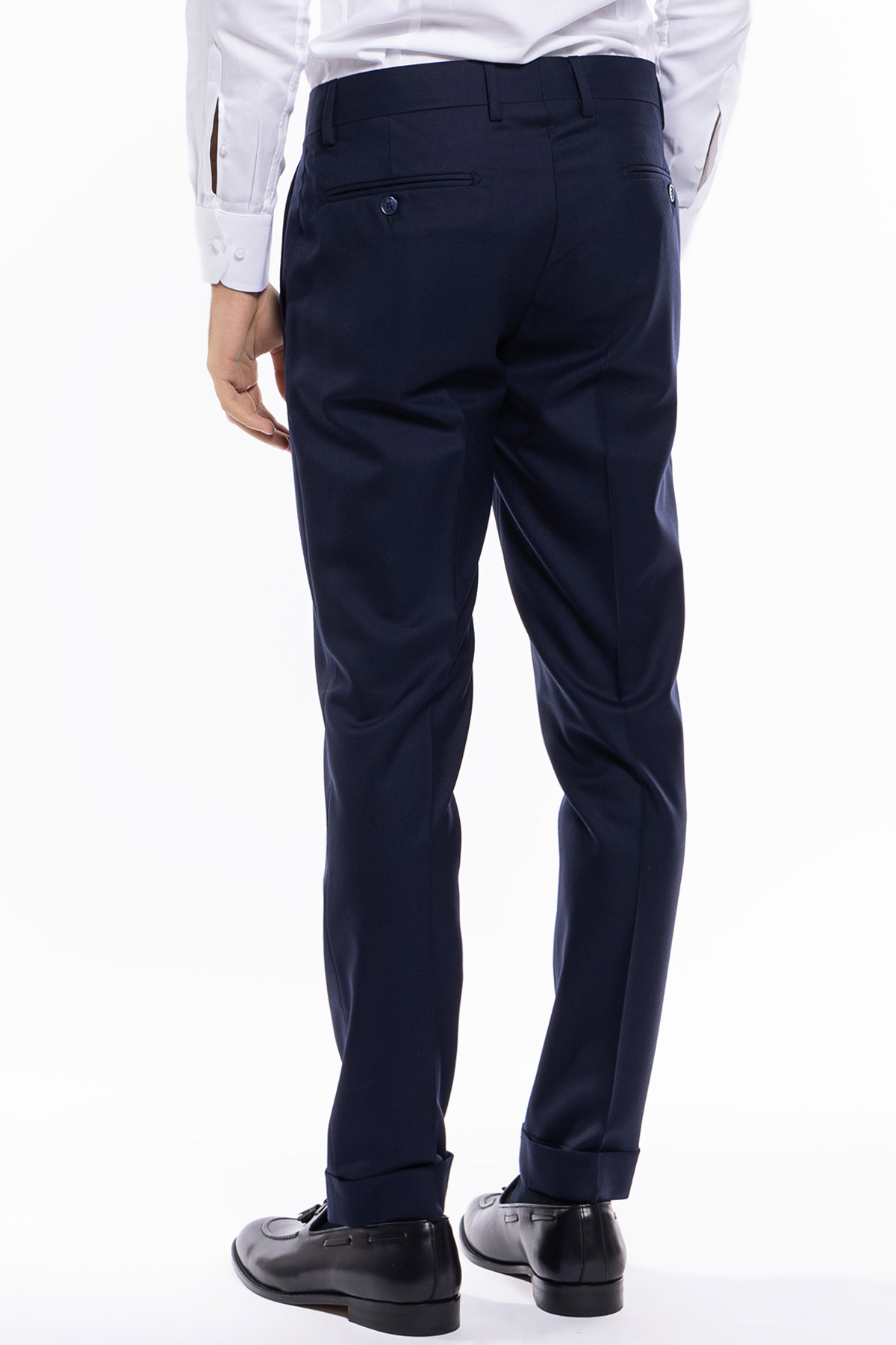 Pantalone uomo navy blu tasca america in fresco lana super 140's holland e sherry slim fit con risvolto di 5cm