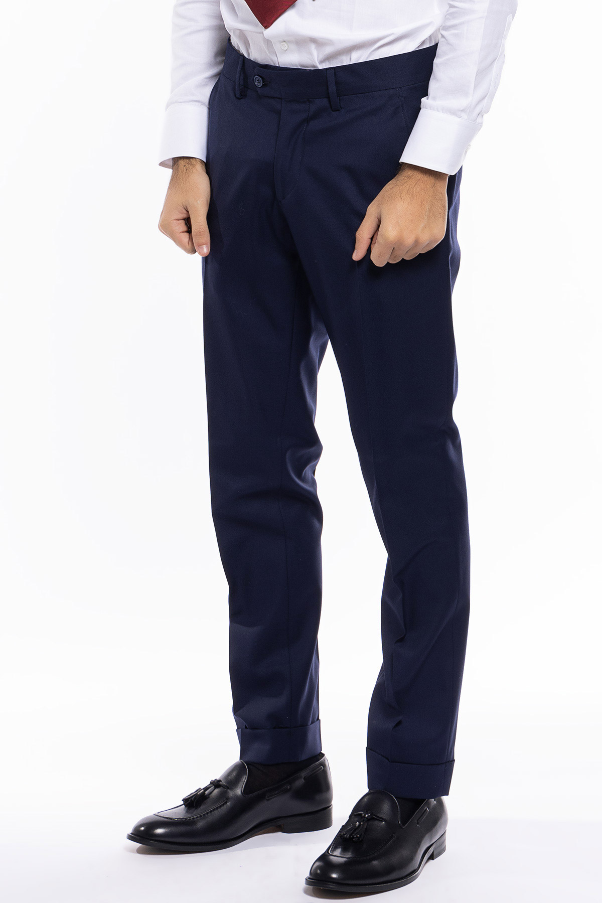 Pantalone uomo blu tasca america in fresco lana super 140's holland e sherry slim fit con risvolto di 5cm