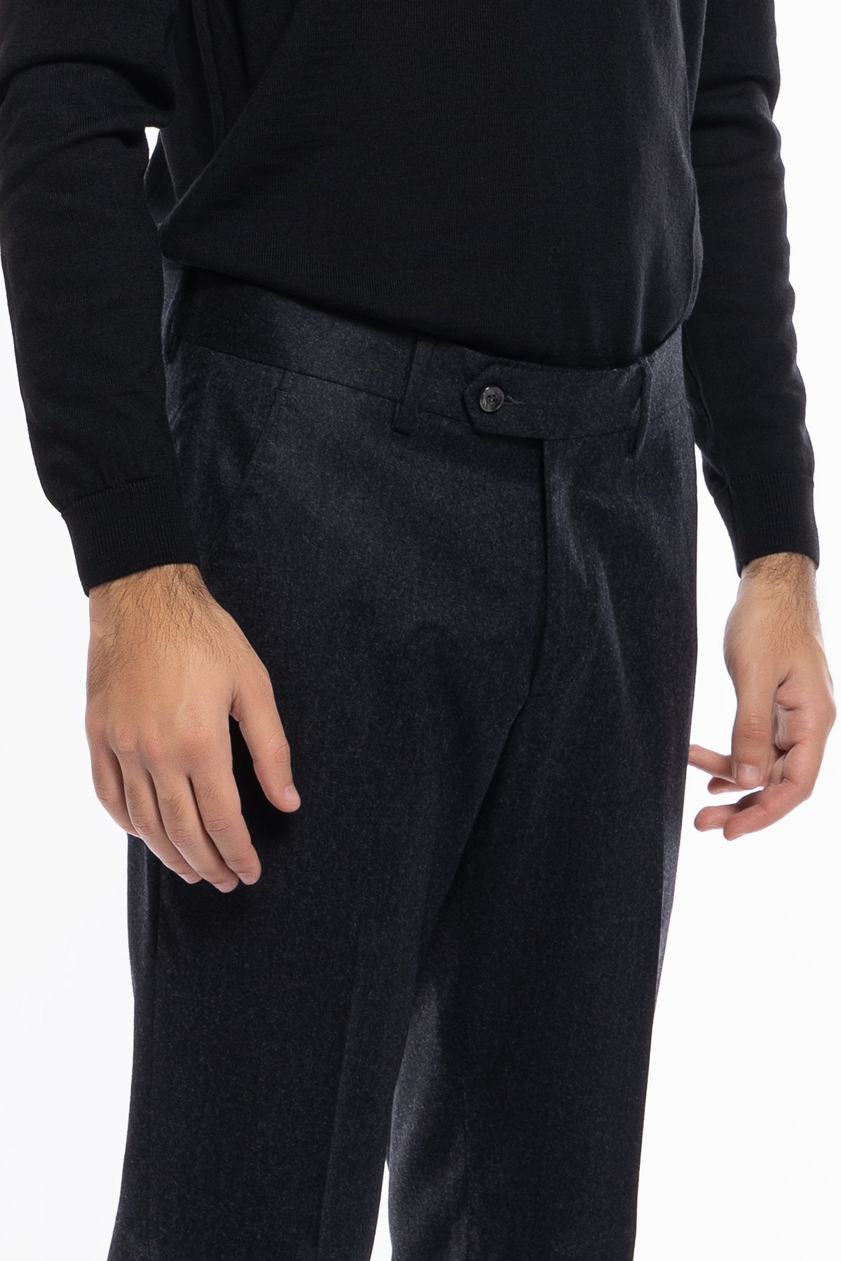 Pantalone uomo grigio scuro vita alta tasca america in lana flanella con pinces e fibbie laterali Vitale Barberis Canonico