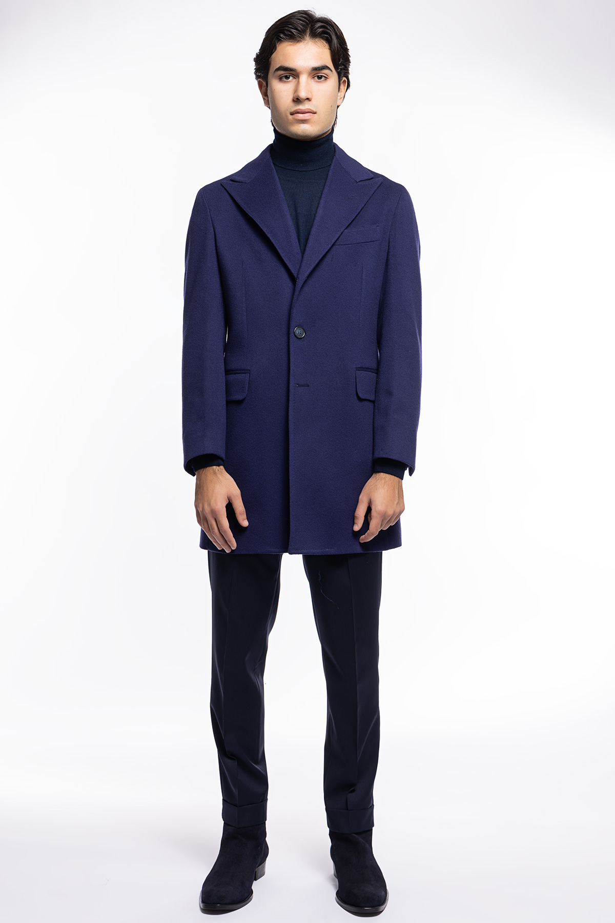 Cappotto uomo royal blu monopetto in lana e cashmere Bristol Tessuti Napoli rever 13cm con martingala