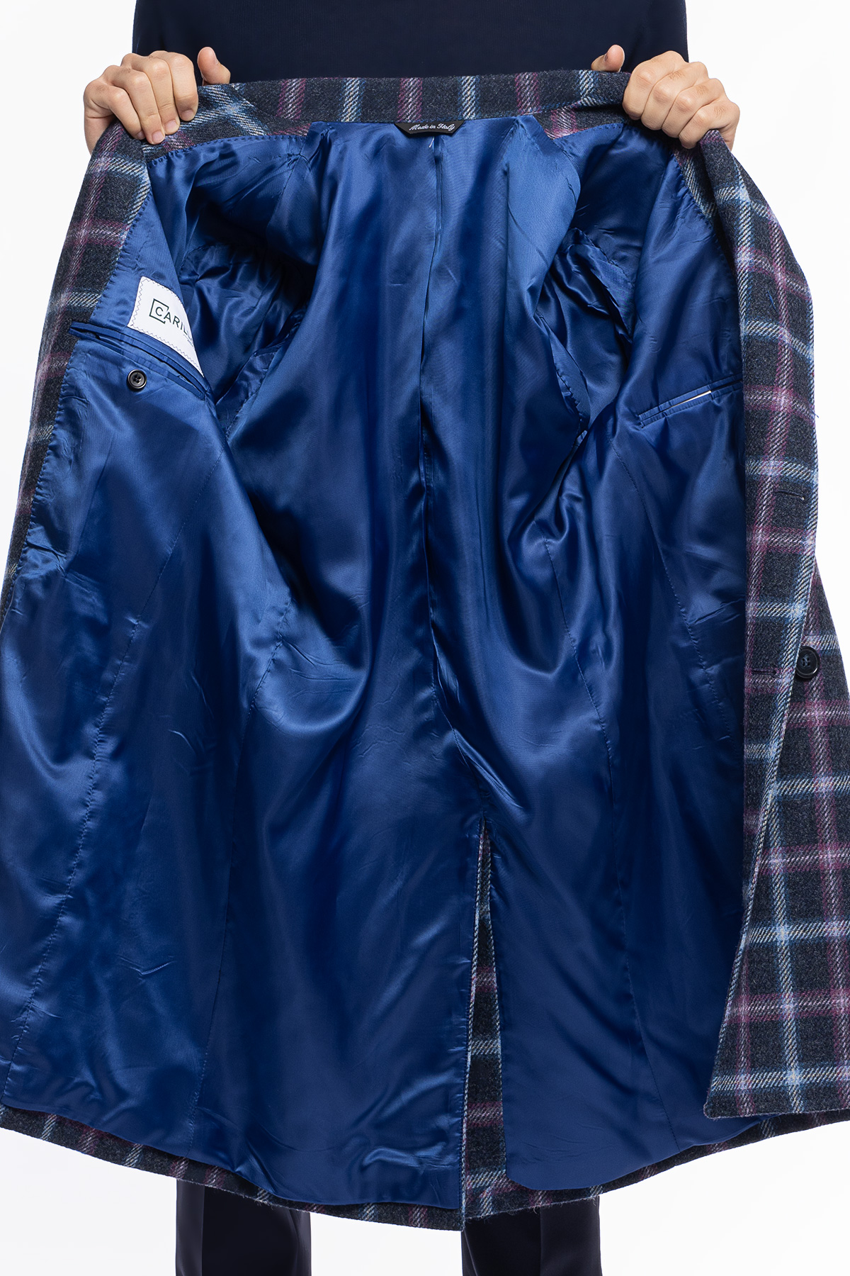 Cappotto uomo blu fantasia quadri doppiopetto in pura lana Holland & Sherry rever 13cm con martingala