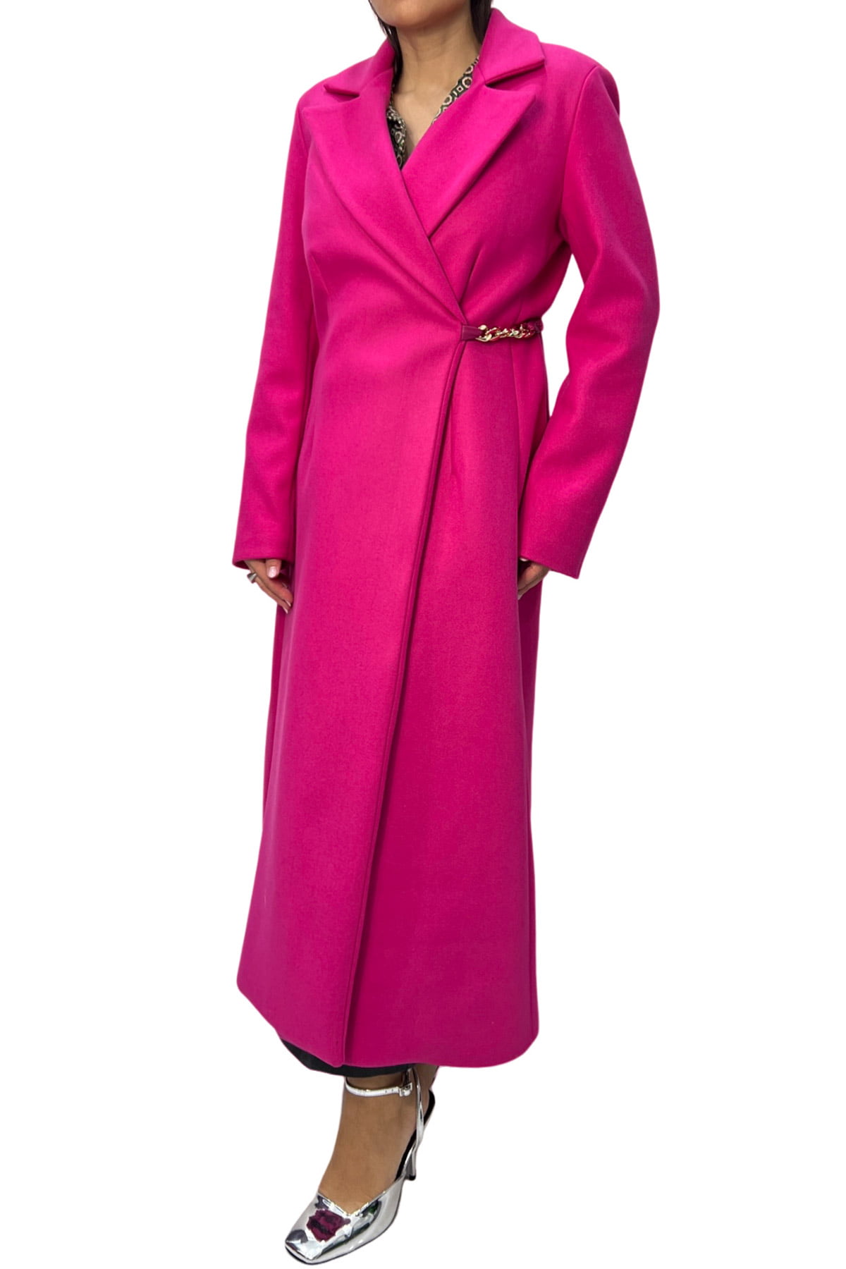 Cappotto donna lungo in panno con manica classica e cintura dettaglio catena oro Carillo Moda Abbigliamento uomo e donna scarpe e accessori