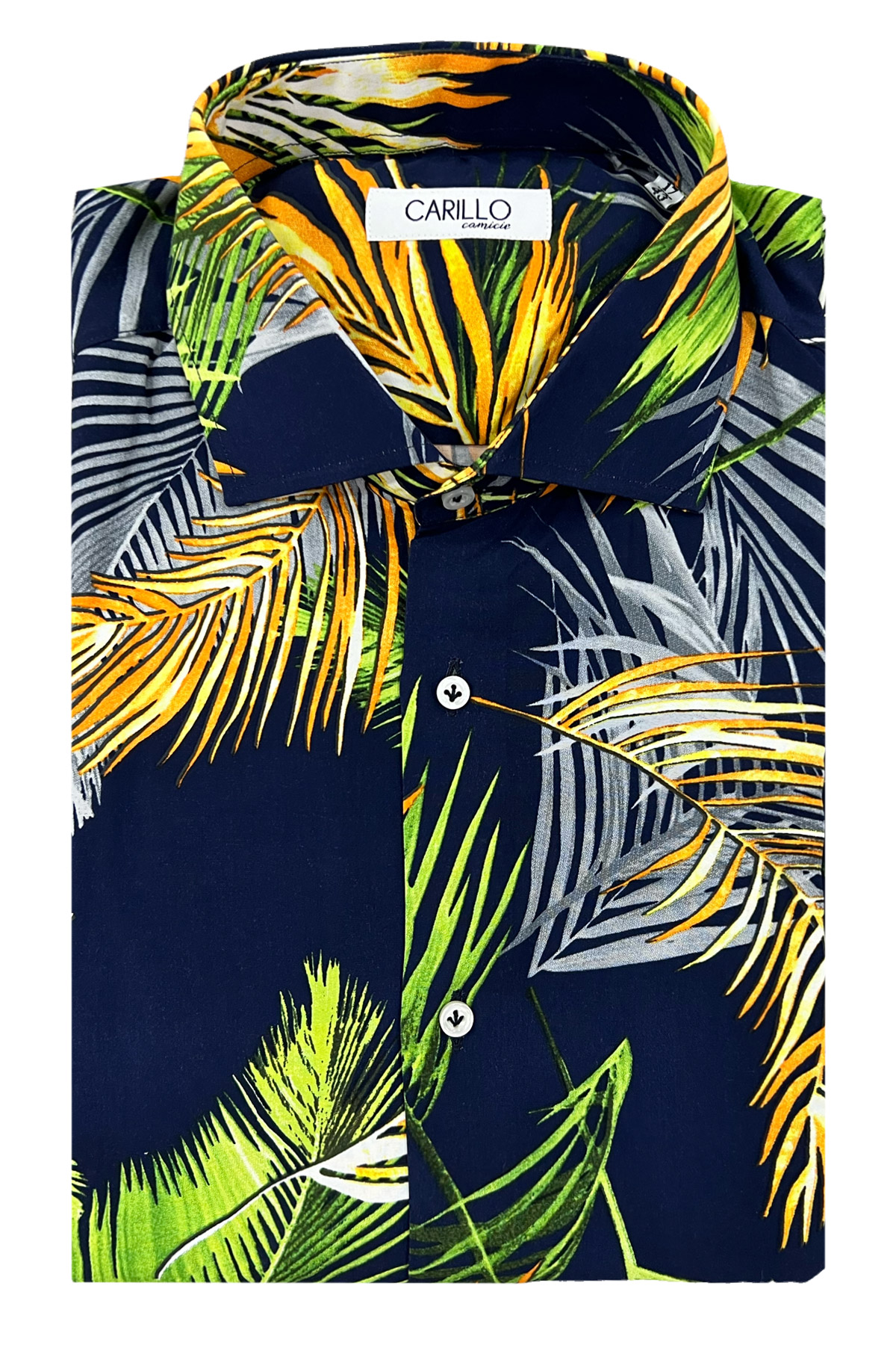 Camicia uomo slim in viscosa con fantasia palme multicolor su base blu