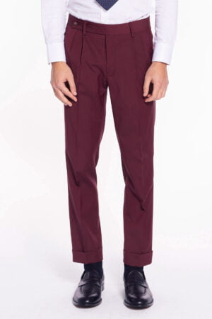 Pantalone uomo Bordeaux chiusura prolungata doppia pinces in fresco lana misto