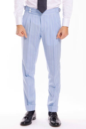 Pantalone uomo celeste gessato riga azzurra 100% fresco lana super 130's vita alta con fibbie laterali Bristol tessuti Napoli e doppia pinces