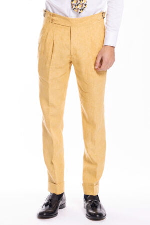 Pantalone uomo vita alta giallo 100% lino Bristol Tessuti Napoli con fibbie laterali e doppia pinces