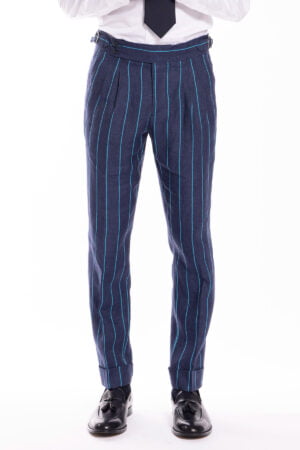 Pantalone uomo vita alta blu denim gessato con riga azzurra 100% lino Bristol Tessuti Napoli con fibbie laterali e doppia pinces