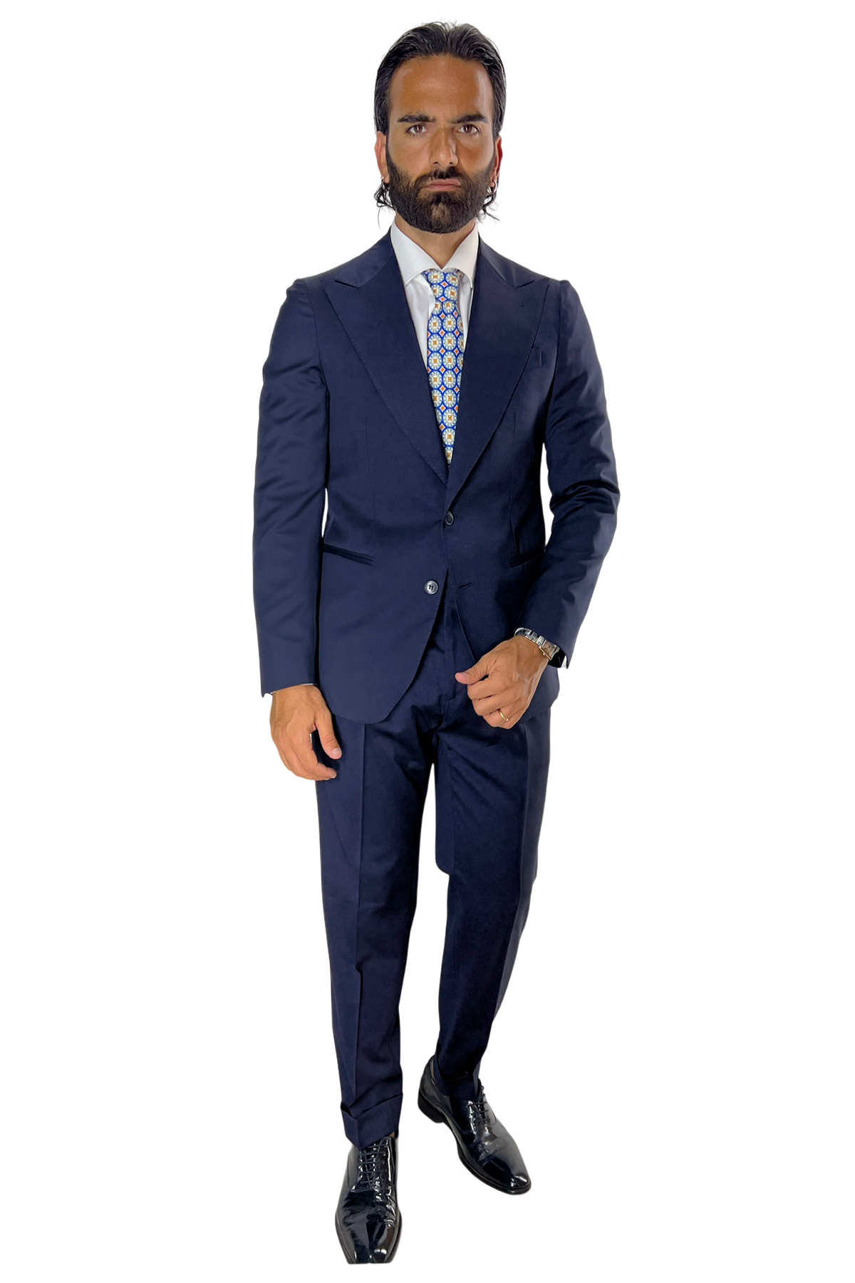Abito uomo blu notte con giacca monopetto e pantalone vita alta con fibbie fresco lana super 130 s Vitale Barberis Canonico Carillo Moda Abbigliamento uomo e donna scarpe e accessori